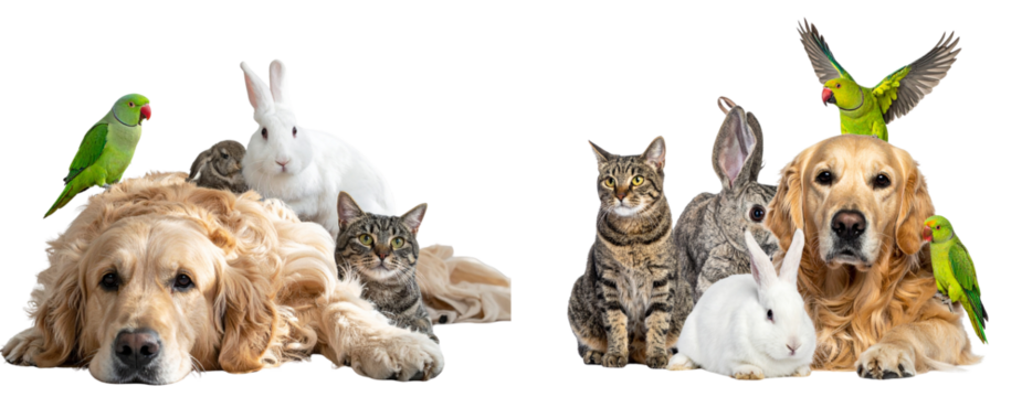 Set Of Cozy Pets Family Dog Cat Rabbit with Parrot PNG