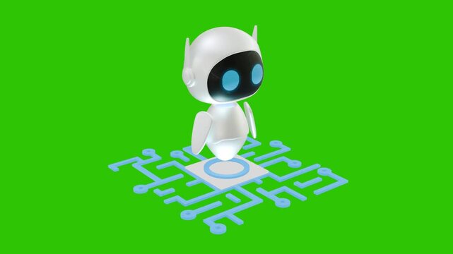A lovely animation of a 3D little robot floating in the air from an isometric perspective. A blue futuristic device with a light in the center can be found underneath. Green screen background.