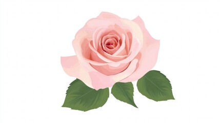 Fototapeta premium A delicate light pink rose with two green leaves, beautifully rendered on a clean white background.