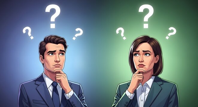 Confused business people pondering solutions with question marks above illustrating problem-solving decision making and strategic thinking in business - Powered by Adobe