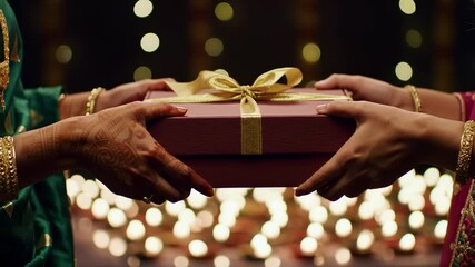 Diwali Celebration: Two South Asian adult women joyfully exchange a beautifully wrapped gift box with a gold ribbon, amidst a warm ambiance of blurred festive lights, symbolizing tradition