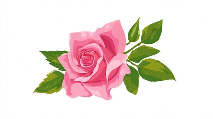 Fototapeta premium Beautiful pink rose with green leaf isolated on a white background symbolizing love and nature's beauty