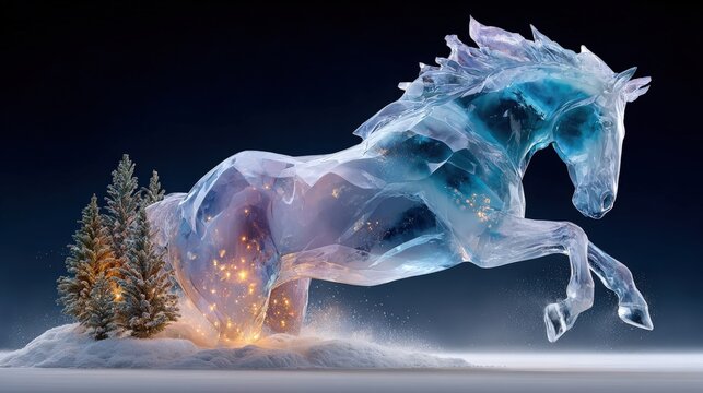 Majestic ice horse with glowing lights leaps beside frosted trees in winter night scene