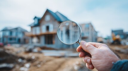engineer use magnifying glass inspecting construction new house.inspecting construction and quality assurance new house. Engineers or architects or contactor work to build the house.