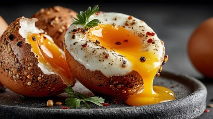 Delicious breakfast featu boiled eggs cut in half with runny yolks, topped with spices and herbs served on a dark plate, a healthy and tasty morning meal.