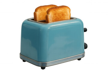 Blue retro toaster making golden brown bread slices pop up, preparing a delicious breakfast or snack. Transparent background