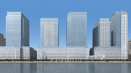Naklejka premium Modern Architectural Landscape of Business District Featuring Tall Glass Buildings Against Clear Blue Sky