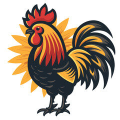 Proud rooster stands tall with vibrant tail feathers in a sunny countryside setting