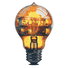 Innovative design of an old-fashioned lightbulb with a vibrant interior scene showcasing modern architecture