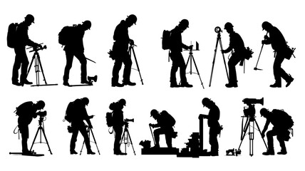 Collection of architect silhouettes featuring professionals engaged in various design activities and site preparations