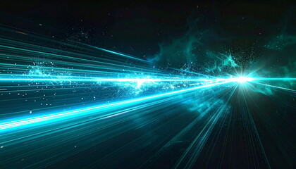Abstract image of a glowing cyan light beam with motion blur and scattered particles on a dark background, creating a dynamic futuristic and energetic visual effect.