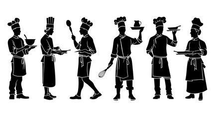Collection of chef silhouettes holding whisks and kitchen tools representing culinary arts