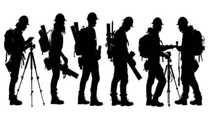Collection of civil engineer silhouettes depicting various activities in a construction setting