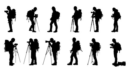 Collection of civil engineer silhouettes showing various poses and activities with tools and equipment for construction