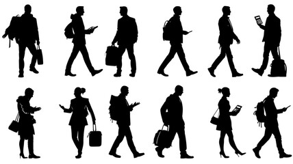 Collection of accountant silhouettes in vector style showcasing diverse business activities in urban settings