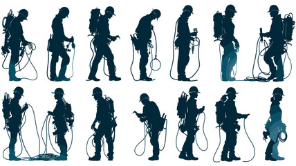 Collection of electrician silhouettes in various poses with tools and equipment for electrical work displayed clearly