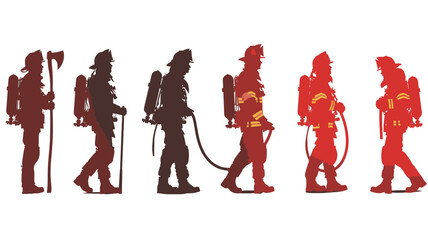 Collection of firefighter silhouettes engaged in rescue activities in a dramatic, vector style