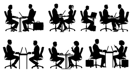 Collection of executive silhouettes engaged in various professional activities in a modern setting
