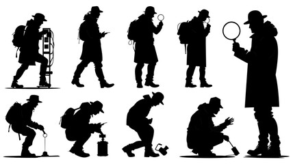 Collection of vector silhouettes depicting data scientists engaged in various research activities in a modern setting