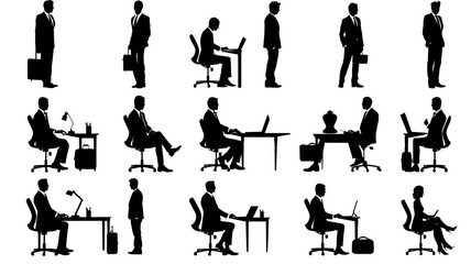 Collection of executive silhouettes in various professional poses, isolated on white background
