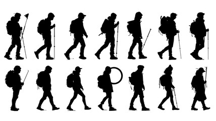 Collection of graphic designer silhouettes showcasing various hiking poses in a 2D vector style