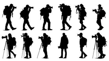 Journalist silhouettes capturing stories in various poses and actions during field reporting in diverse locations