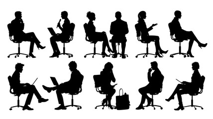 Silhouettes of journalists engaged in various tasks in a modern office setting