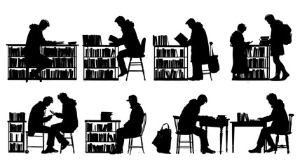 Librarians organizing books and assisting patrons in a quiet library setting with elegant silhouettes