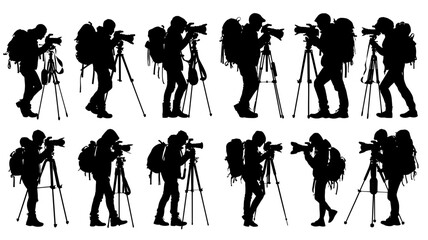 Collection of journalist silhouettes capturing moments with cameras in various poses and settings in a creative design