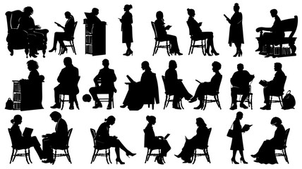 Collection of librarian silhouettes engaged in quiet activities and shushing others in a library setting