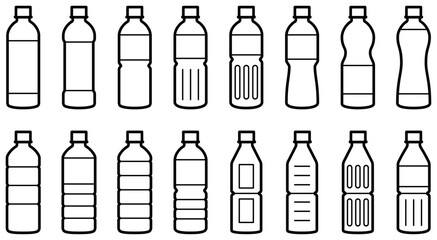 ペットボトルのアイコンセット（様々な形のプラスチックボトルのベクターイラスト）
