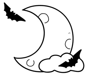 Moon | Night | Bats | Halloween Night | Spooky | Half Moon | Outline | Black and White 