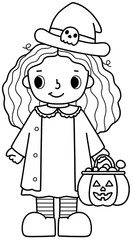 Witch | Halloween Costumes | Girl | Halloween | Broomstick  | Black and White | Outline 