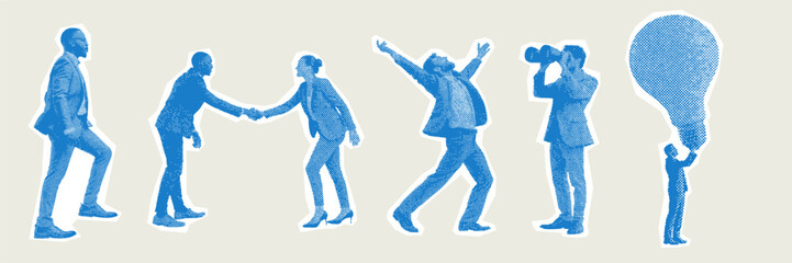 Obraz na płótnie Canvas Trendy halftone business people stickers. Business workers in different poses