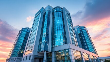 Naklejka premium Modern skyscrapers with glass facades against a vibrant sunset sky reflecting colors and architectural details in an urban setting