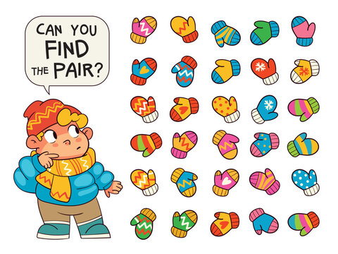 Fun winter puzzle for kids. Find the matching pair of mittens. Educational and colorful activity with cute cartoon characters, seasonal clothing, and playful logic challenge. Find the Match