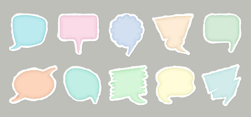 Colorful speech bubbles set in soft pastel tones. Round, square cloud shape, rectangle, balloon form. Paper stickers torn edges. Dialog, message sign, talk symbol, chat icon, abstract thought frame