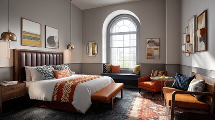 Fototapeta premium Cozy and Modern Bedroom Design with Earthy Tones and Elegant Furnishings Featuring Large Window and Art Decor