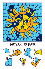 Kids visual puzzle. Repair the sun mosaic by matching missing fragments with the correct pieces. Bright worksheet that trains attention, shape matching and spatial reasoning.