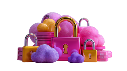 Data Protection and Digital Security: Artistic arrangement of colorful locks representing concepts like security, privacy, and protection within the digital landscape. 