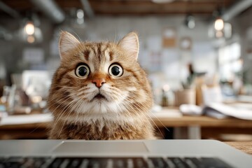 Charming cat in sunlight: human-like, fearful at screen. Cat story. Multimedia content reshapes how we perceive facts and ideas every day. Visual info trends. Cat character.