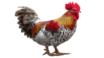 Colorful rooster and hen standing isolated on white background