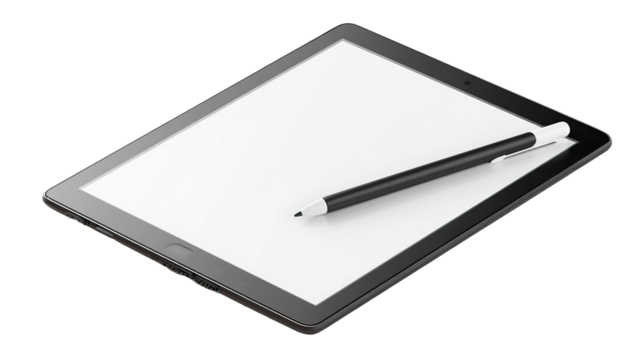 Tablet with Stylus Placed Diagonally for Digital Learning Concept on Transparent Background