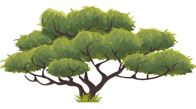 An isolated green oak tree with lush leaves against a blue sky represents growth and nature in the summer landscape