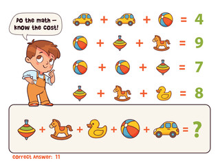Colorful math puzzle with toys. Kids solve equations by finding values of car, ball, spinning top, horse, and duck. Fun educational worksheet for learning numbers, logic, and problem solving