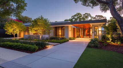 Modern residential architecture with elegant landscaping and warm evening lights in suburban neighborhood setting