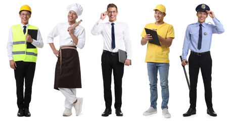 Obraz premium Choice of profession. Same man representing different occupations. Collage of portraits on white background
