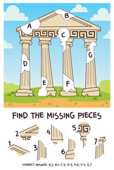 Find the piece puzzle. Complete the ancient temple by matching fragments to their places. Classical columns, pediment and Greek key frieze. Fun printable logic worksheet for kids.