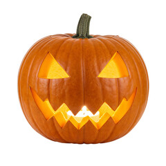 Jack-o-lantern glows with scary face carved for halloween night celebration isolated on transparent background
