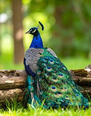 Peacock resting on log in a park